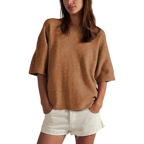 Tops - Women Casual Crewneck Sweater Tee Short Sleeve Ribbed Knit Top Small